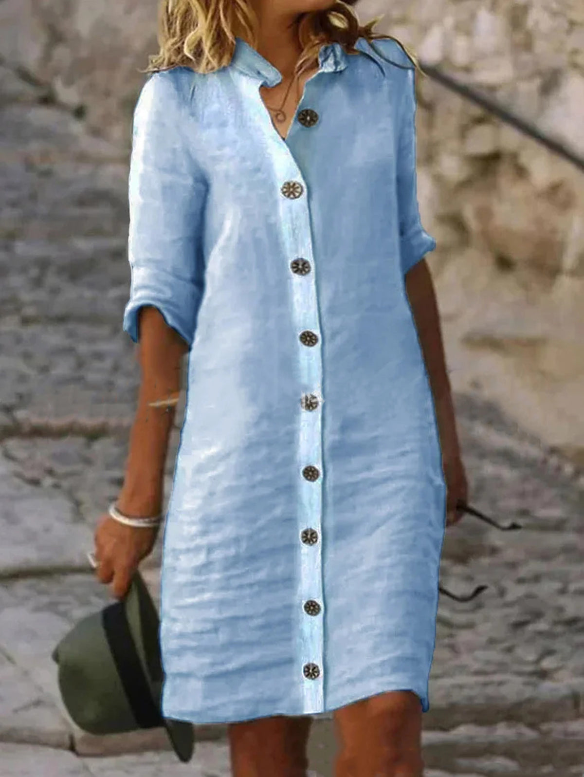 Casual Solid Single Breasted Half Sleeve Midi Dress