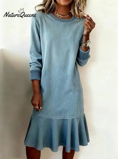 Women's Casual Round Neck Long Sleeve Corduroy Dress