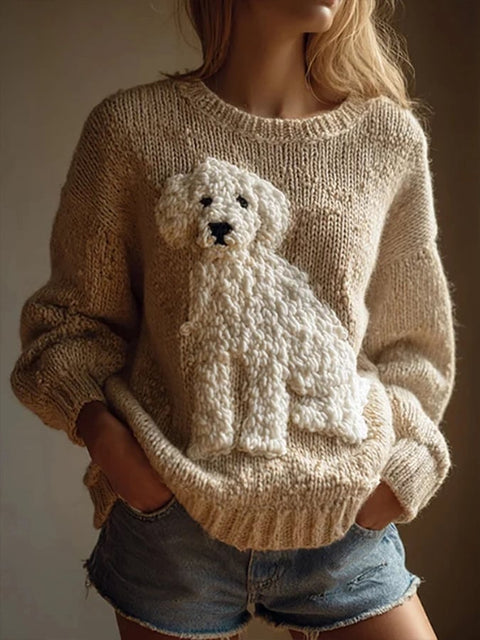 Women's Fuzzy Golden Retriever Dog Felt Print Cozy Knit Sweater