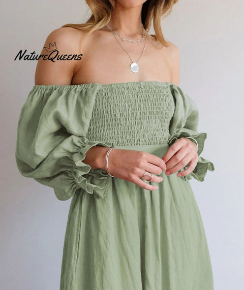French Ruffled Lantern Sleeves Multi-wear Dress Green
