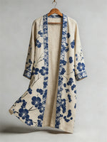 Japanese Cherry Blossom Lino Art Flowy Linen Long Kimono