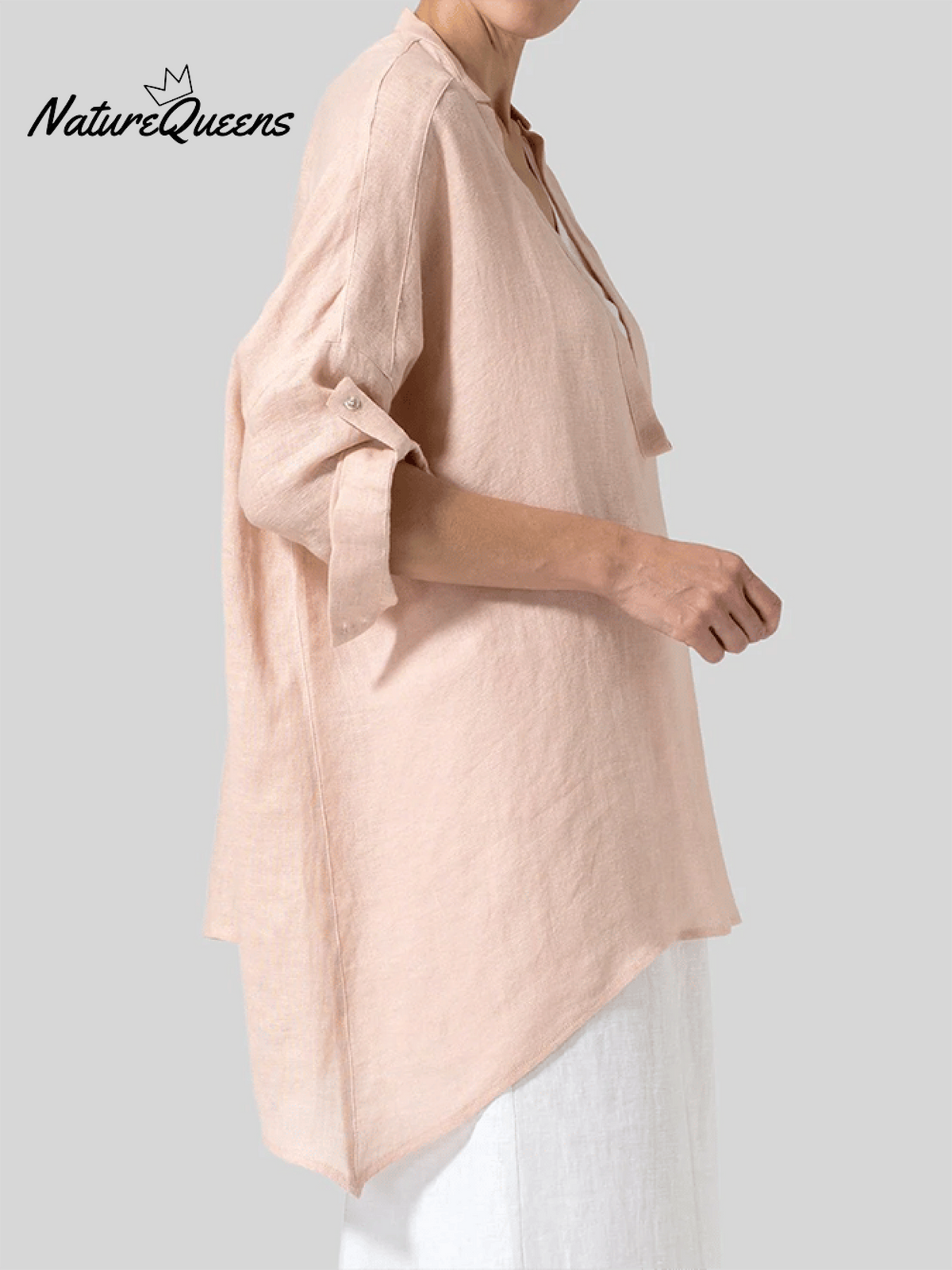 Women's Solid Color Deep V Neck Roll Sleeve Shirt