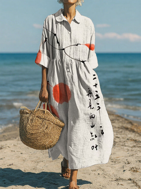 Women's Casual Cotton-Linen Peter Pan Collar 3/4 Sleeve Dress