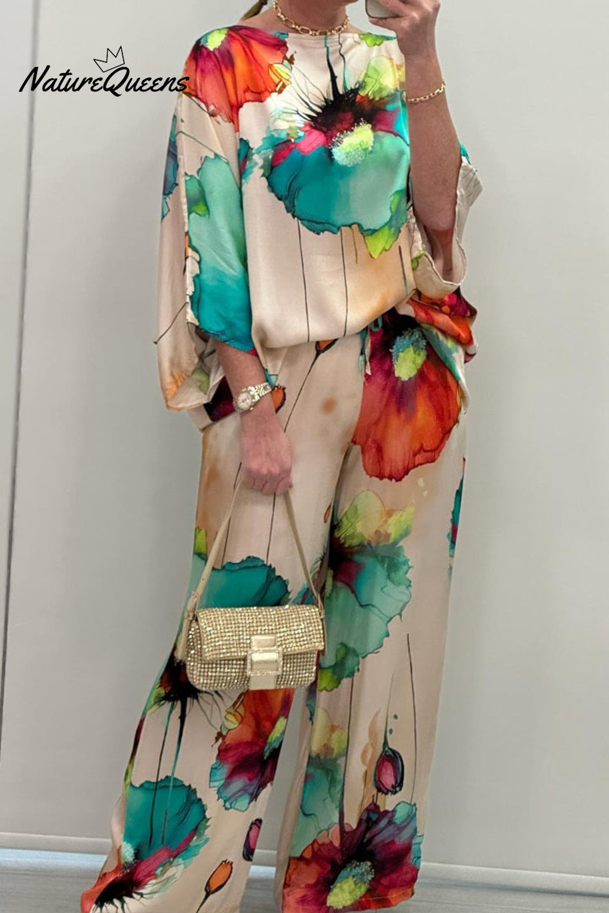 Casual Crew Neck Printed Satin Suit