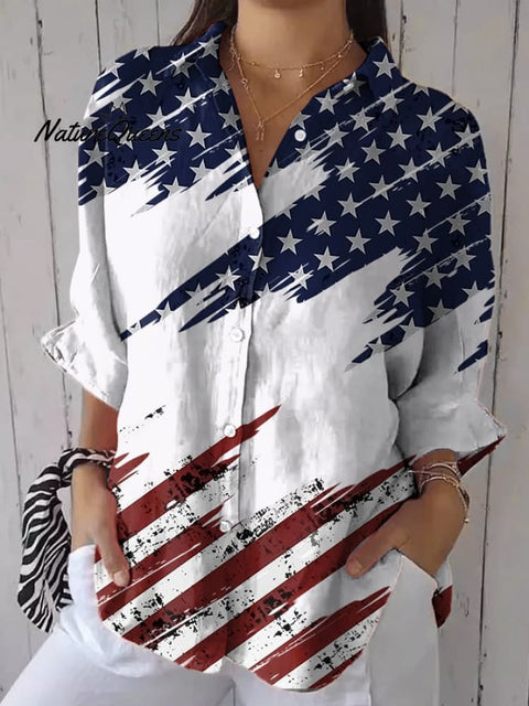 Women's Casual Cotton and Linen Flag Independence Day Shirt