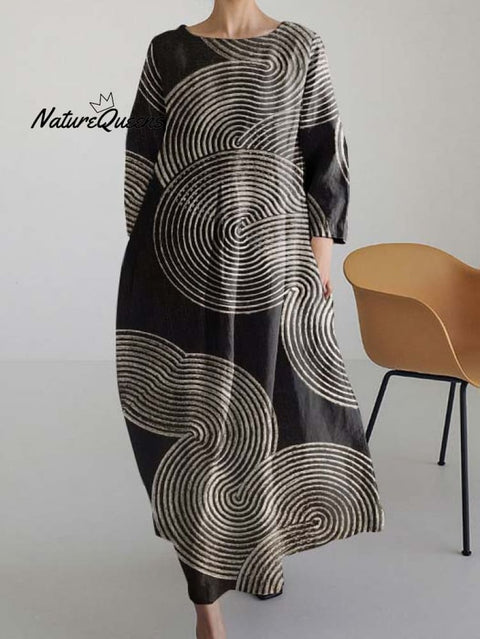 Japanese Abstract Art Print Round Neck Long Sleeve Dress