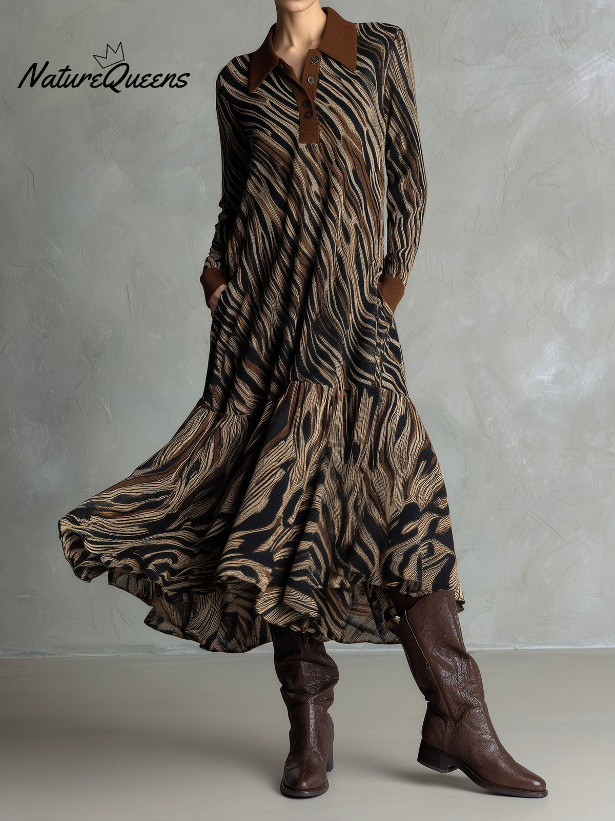 Zebra Print Maxi Dress ¨C Long Sleeve Flowy Polo Dress With Button Front And Brown Collar