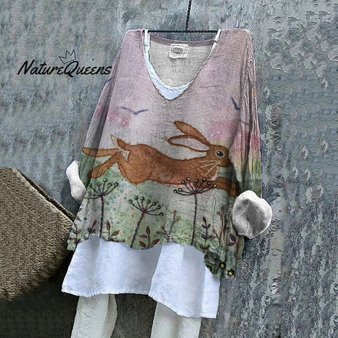 Meadow Cute Rabbit Embroidery Linen V-neck Shirt