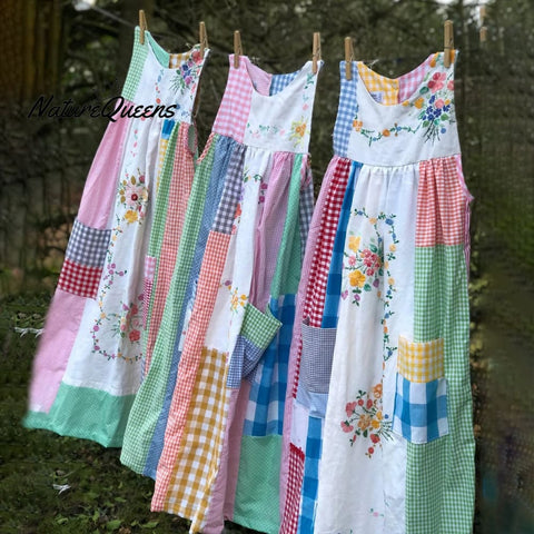 Women's Retro Plaid Pattern Floral Patch Art Sleeveless Linen Dress
