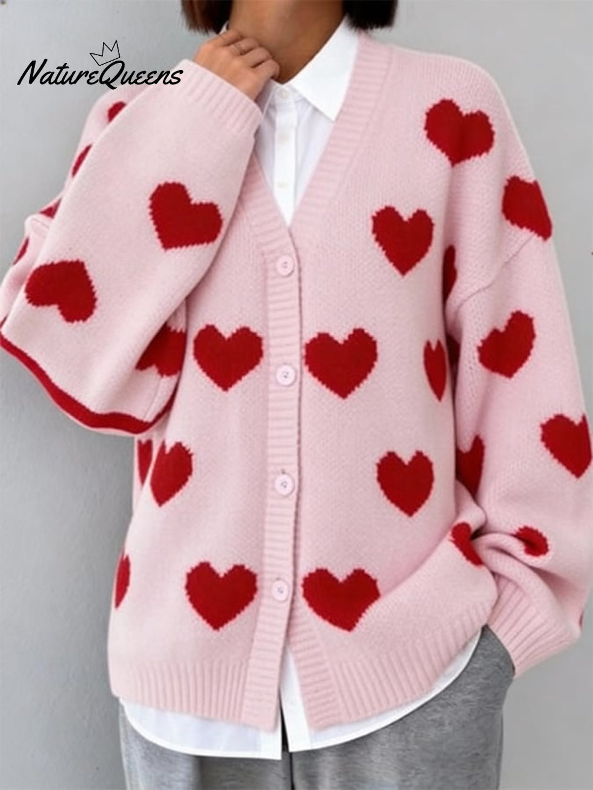 Women's Valentine's Day Heart-Patterned Knitted Cardigan