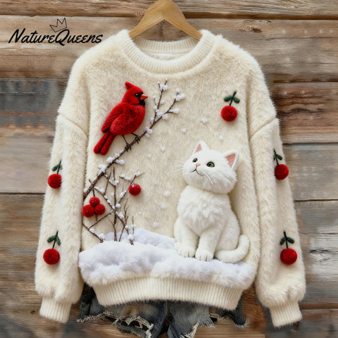 Women's Christmas Robin And Cat Plush Sweater