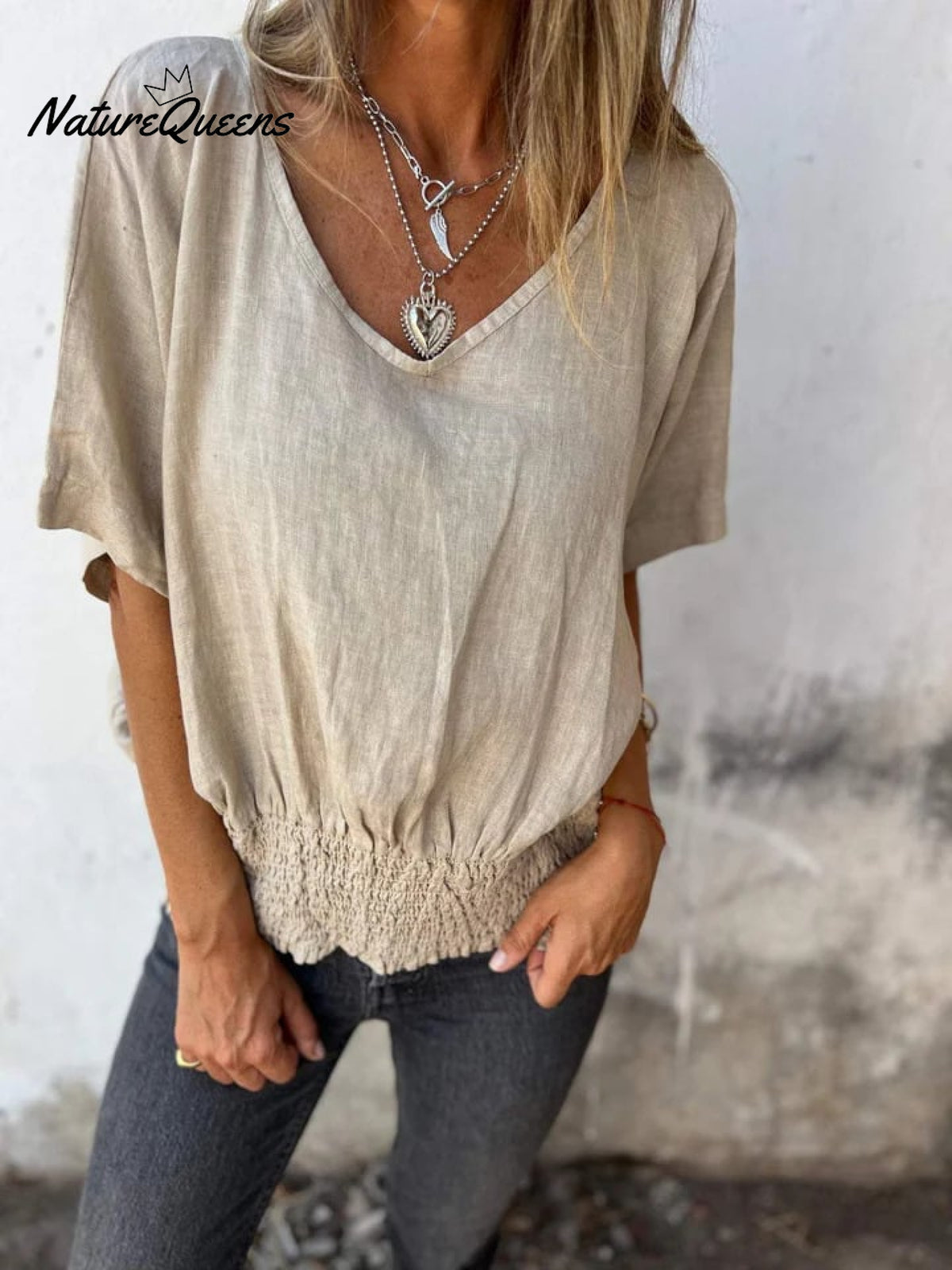 V-Neck Cotton-Linen Smocked Hem Tops (Buy 2 Free Shipping)