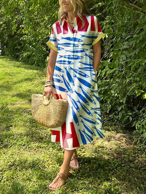 Floral Print Lapel Button Up Maxi Shirt Dress