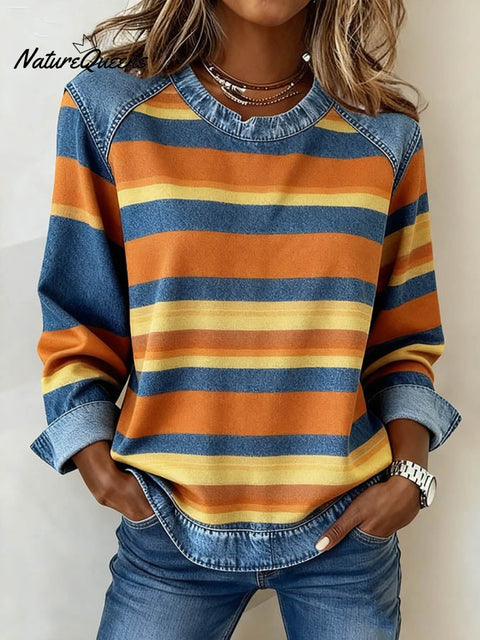 Women'S Casual Round Neck Denim Patchwork Striped Print Pullover Sweatshirt