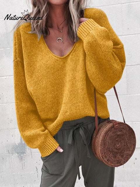 Women's Solid Color Casual V-Neck Sweater
