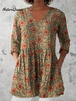 Women's Retro Floral Art Print Casual Cotton And Linen V-neck Top