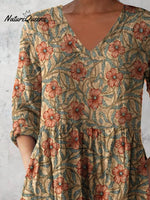 Women's Retro Floral Art Print Casual Cotton And Linen V-neck Top