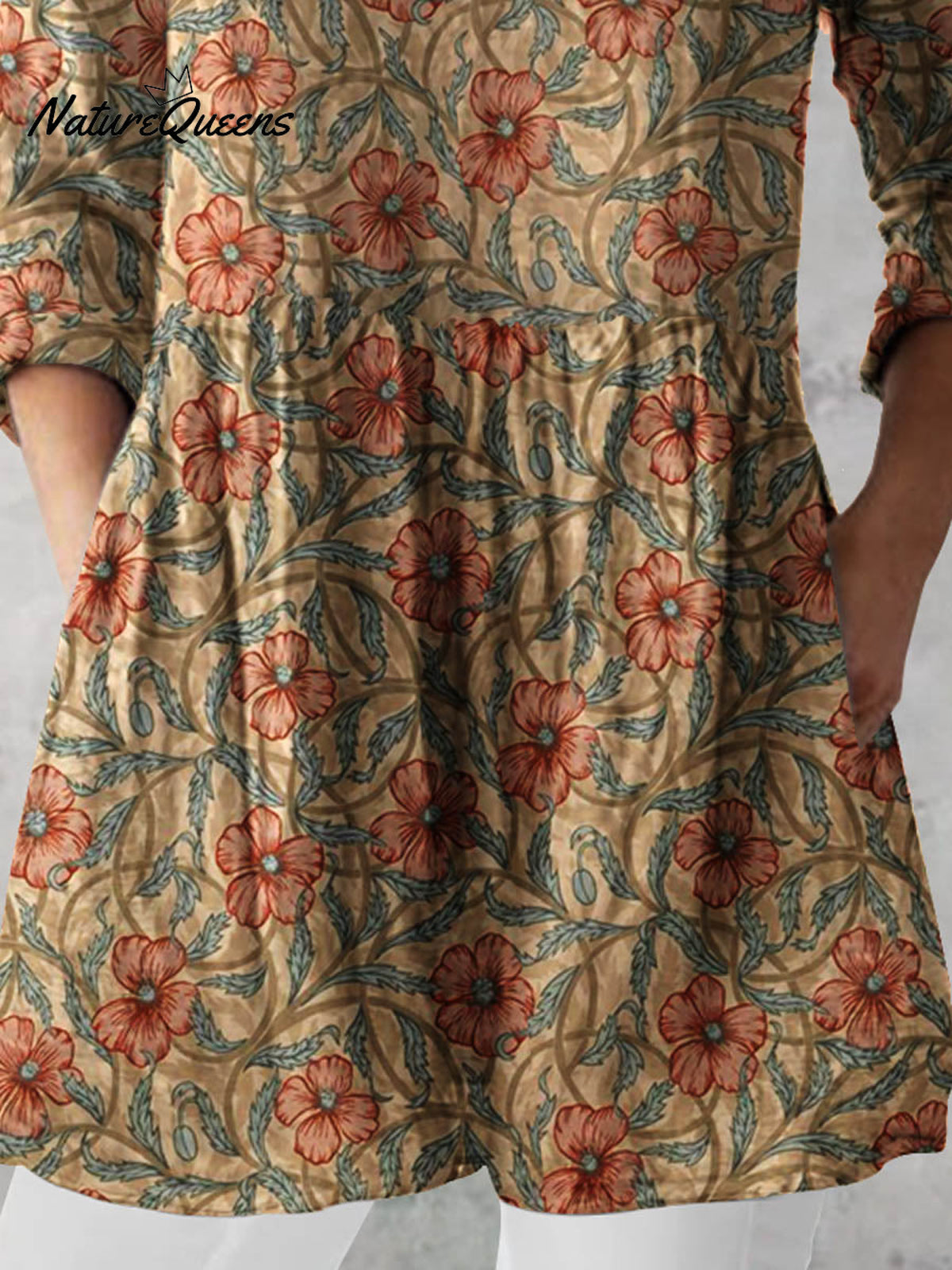 Women's Retro Floral Art Print Casual Cotton And Linen V-neck Top