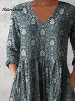 Women's Retro Floral Art Print Casual Cotton And Linen V-neck Top