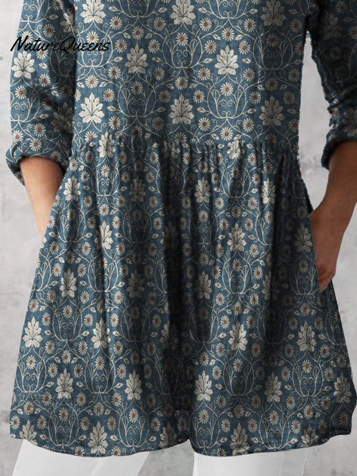 Women's Retro Floral Art Print Casual Cotton And Linen V-neck Top