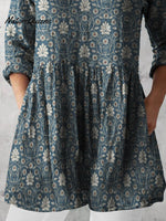 Women's Retro Floral Art Print Casual Cotton And Linen V-neck Top