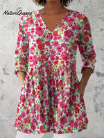 Women's Retro Floral Art Print Casual Cotton And Linen V-neck Top