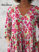 Women's Retro Floral Art Print Casual Cotton And Linen V-neck Top