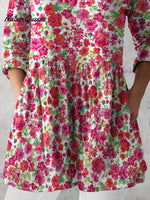 Women's Retro Floral Art Print Casual Cotton And Linen V-neck Top