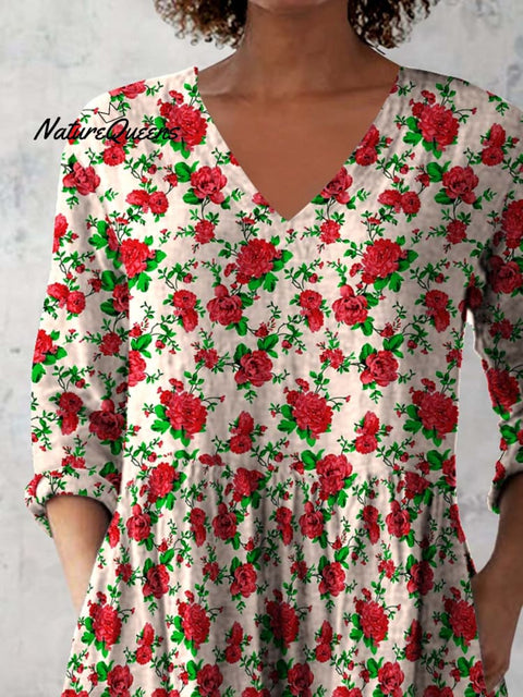 Women's Retro Floral Art Print Casual Cotton And Linen V-neck Top