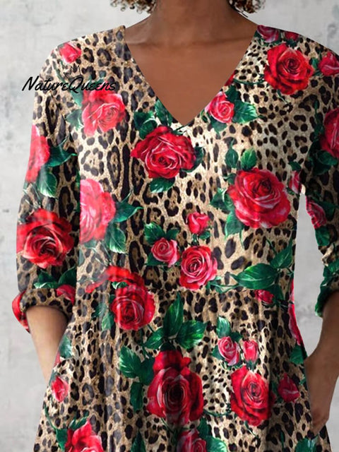 Women's Retro Leopard Floral Art Print Casual Cotton And Linen V-neck Top