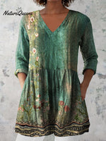 Women's Retro Floral Art Print Casual Cotton And Linen V-neck Top