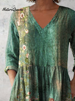 Women's Retro Floral Art Print Casual Cotton And Linen V-neck Top