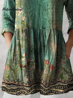 Women's Retro Floral Art Print Casual Cotton And Linen V-neck Top