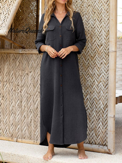 Women's Cotton Linen Pocket Shirt Dress