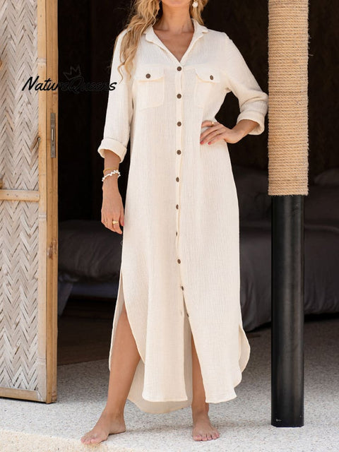 Women's Cotton Linen Pocket Shirt Dress