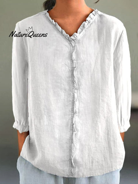 Women's Casual Cotton And Linen Ruffle Collar 3/4 Sleeve Shirt