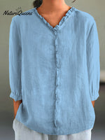 Women's Casual Cotton And Linen Ruffle Collar 3/4 Sleeve Shirt