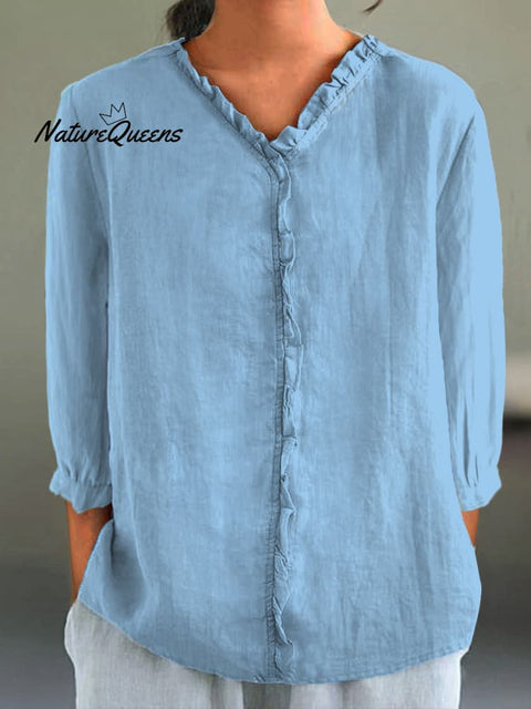 Women's Casual Cotton And Linen Ruffle Collar 3/4 Sleeve Shirt