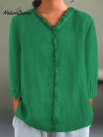 Women's Casual Cotton And Linen Ruffle Collar 3/4 Sleeve Shirt
