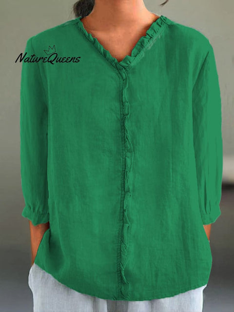 Women's Casual Cotton And Linen Ruffle Collar 3/4 Sleeve Shirt