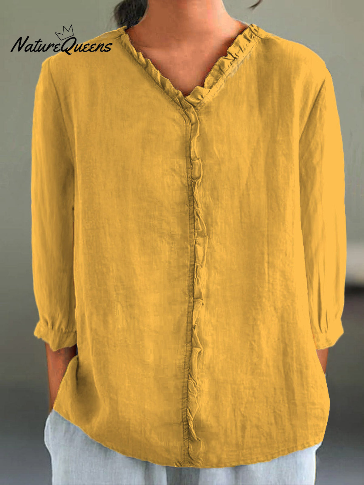 Women's Casual Cotton And Linen Ruffle Collar 3/4 Sleeve Shirt