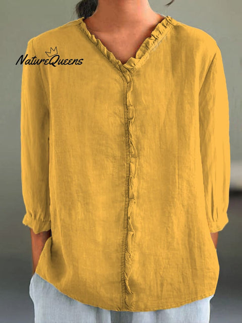 Women's Casual Cotton And Linen Ruffle Collar 3/4 Sleeve Shirt