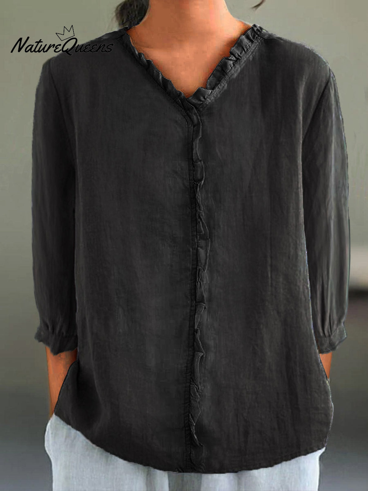 Women's Casual Cotton And Linen Ruffle Collar 3/4 Sleeve Shirt