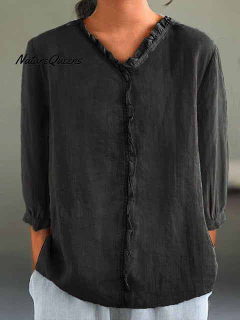 Women's Casual Cotton And Linen Ruffle Collar 3/4 Sleeve Shirt