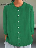 Women's Casual Cotton And Linen Ruffle Collar 3/4 Sleeve Shirt