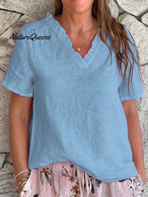 Women's Solid Color Casual Cotton And Linen Ruffled V-neck Shirt