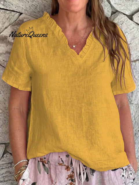 Women's Solid Color Casual Cotton And Linen Ruffled V-neck Shirt