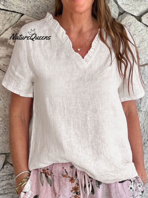 Women's Solid Color Casual Cotton And Linen Ruffled V-neck Shirt