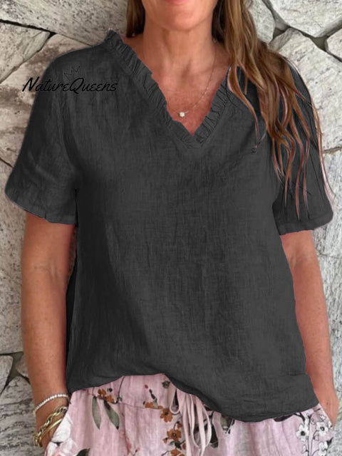 Women's Solid Color Casual Cotton And Linen Ruffled V-neck Shirt