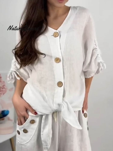 Women's  Casual Cotton And Linen V-neck Shirt